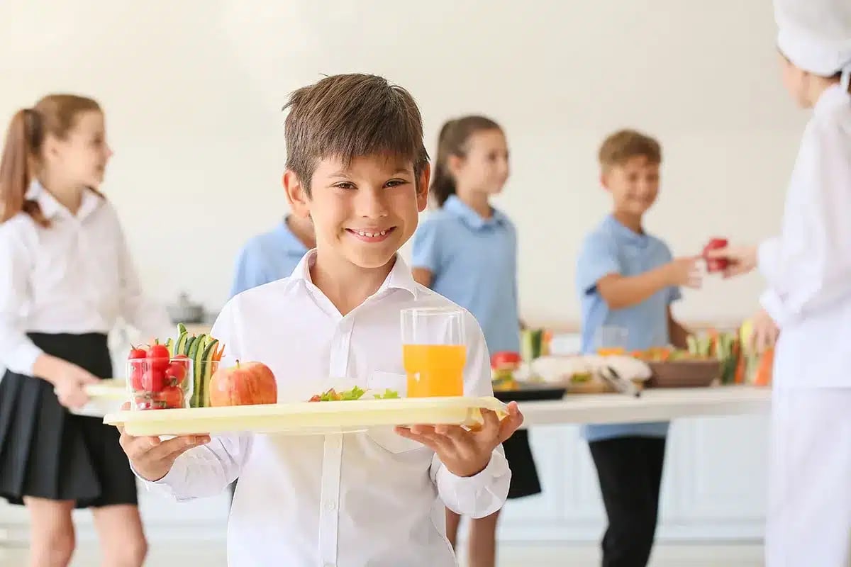 Boy with healthy school lunch.
