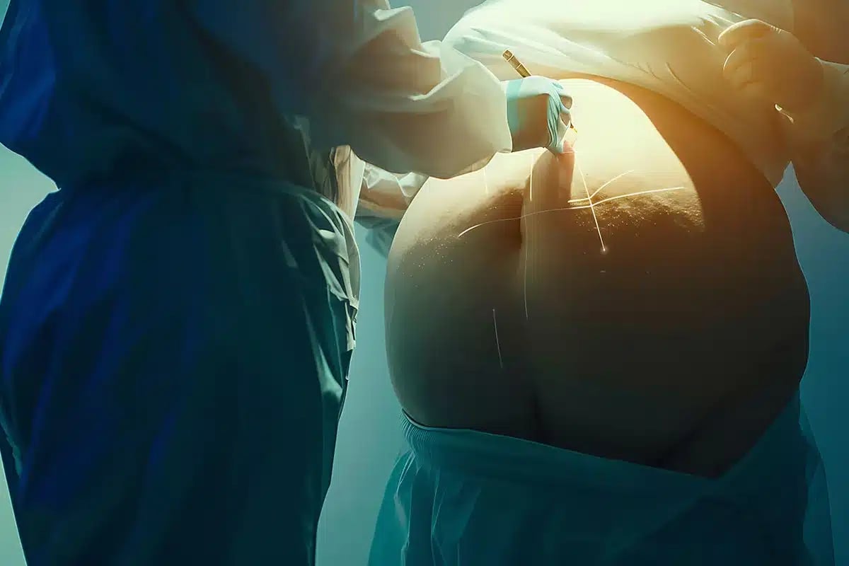 Surgeon marking patient's abdomen.