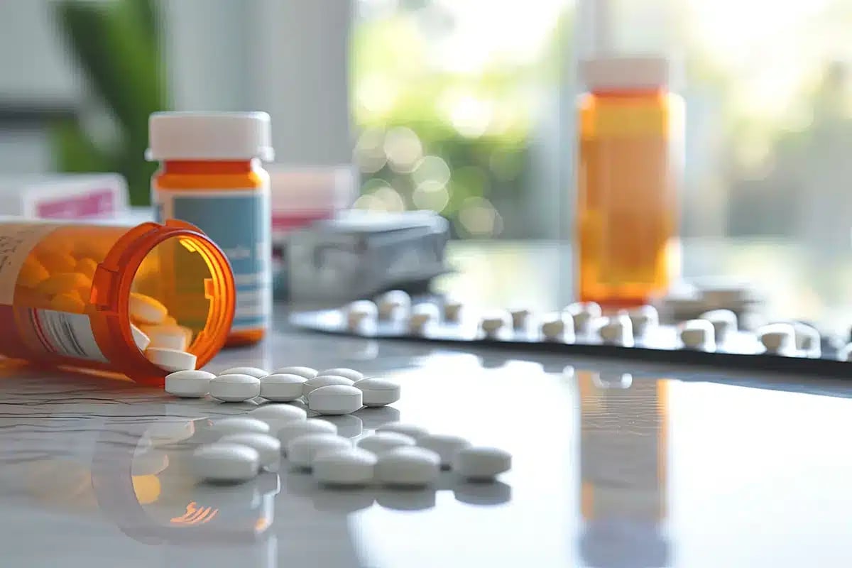 Spilled pills on a table.