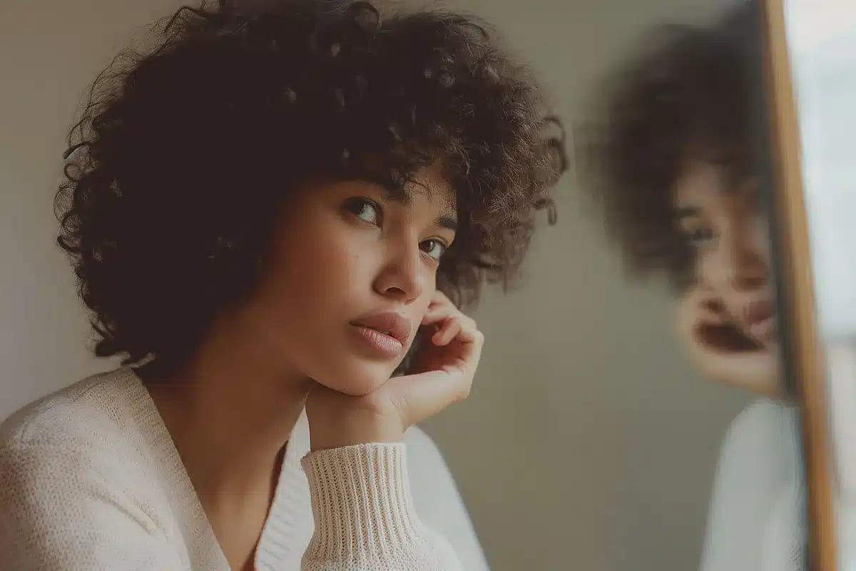 Woman with curly hair, thoughtful expression.