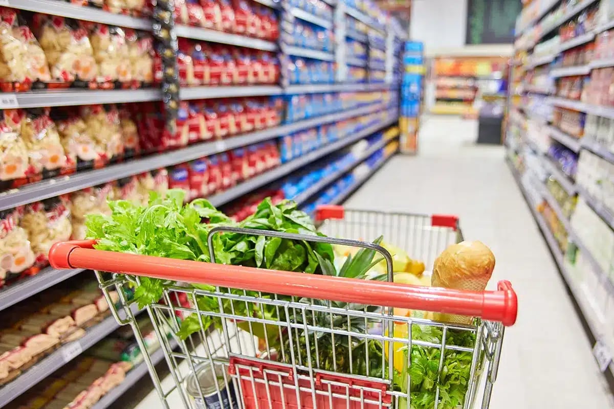 Shopping cart with groceries.