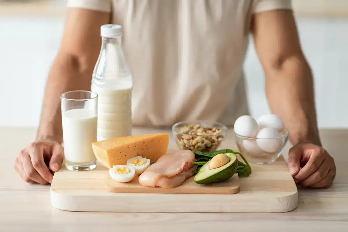Man displaying high-protein foods.