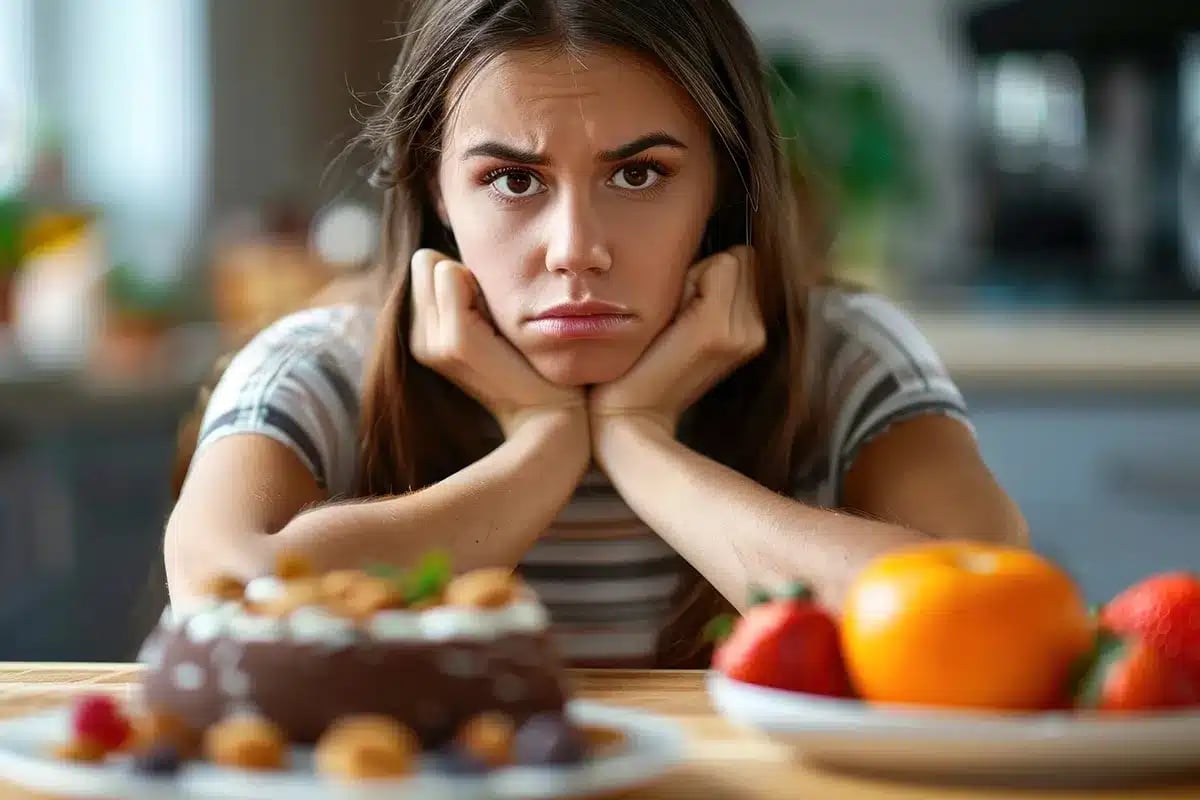Woman facing a food choice: cake or fruit.