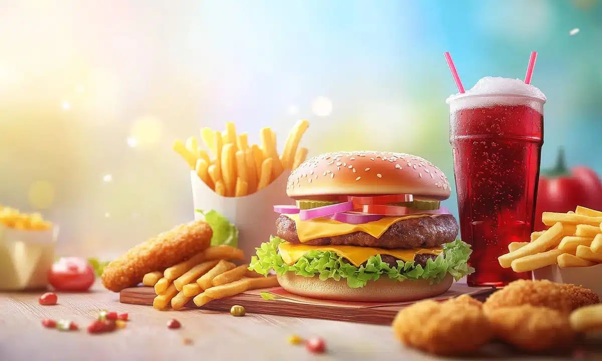 Juicy burger, fries, and soda.
