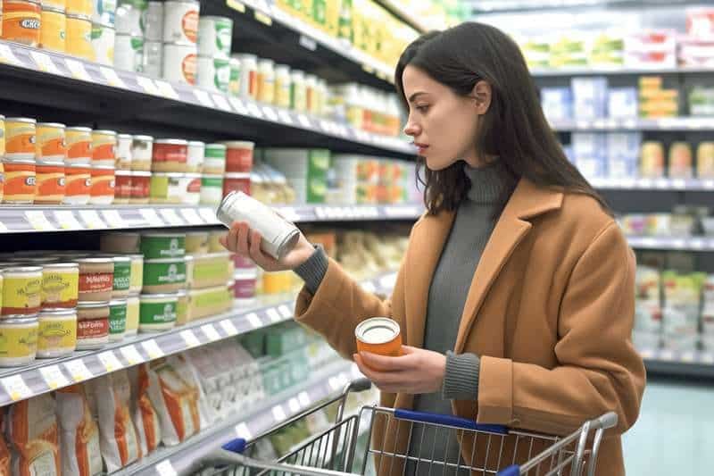 A woman comparing products in a grocery store